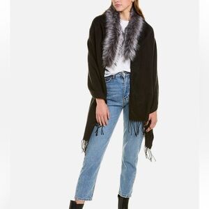 Surell faux fur and fringe black shawl one size